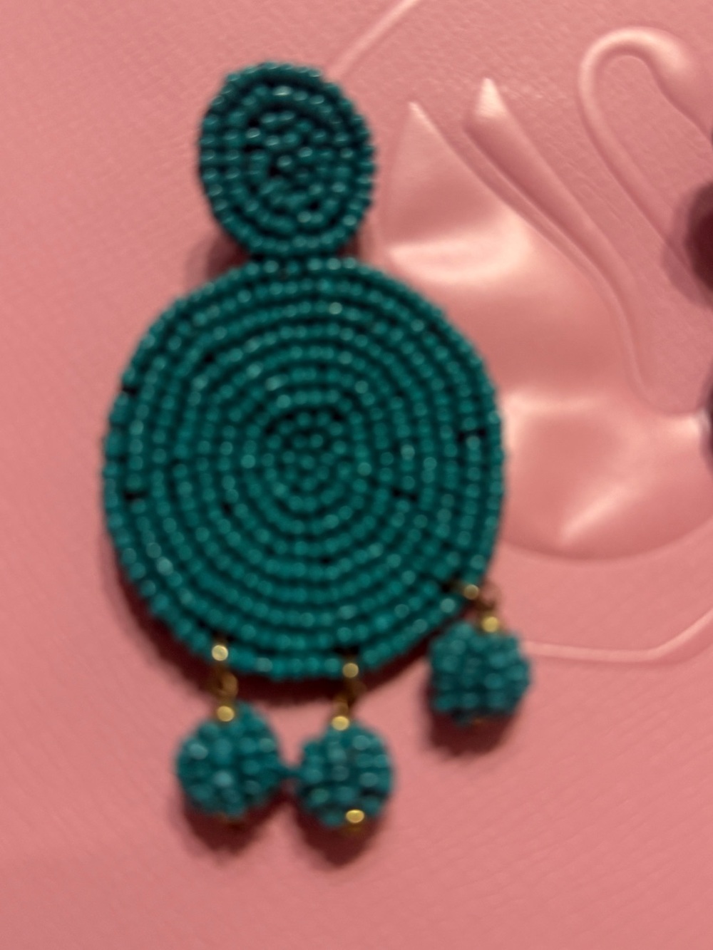 Teal Beaded Circular Drop Earrings with Pom Accent